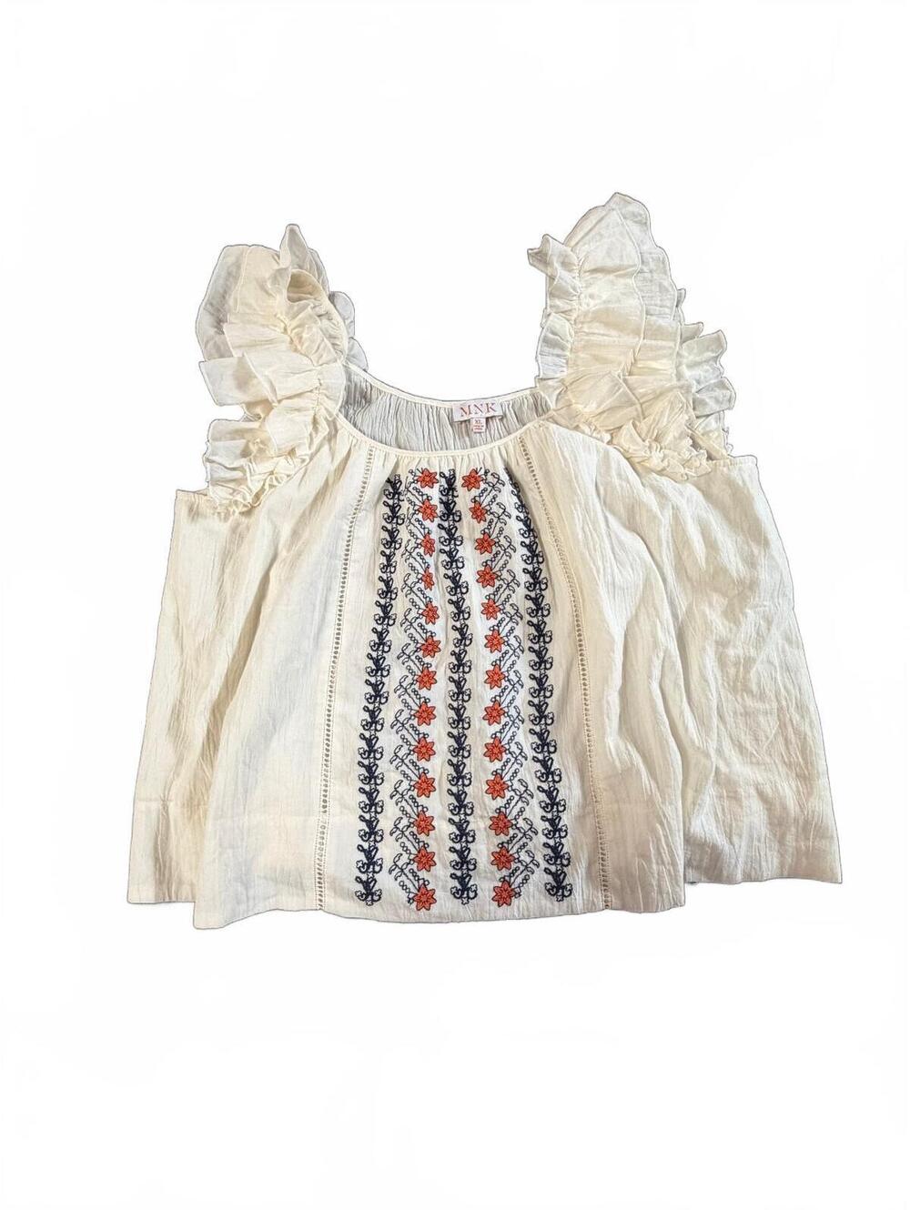 MNK Women's Embroidered Boho Ruffle Sleeve Cotton Top XL